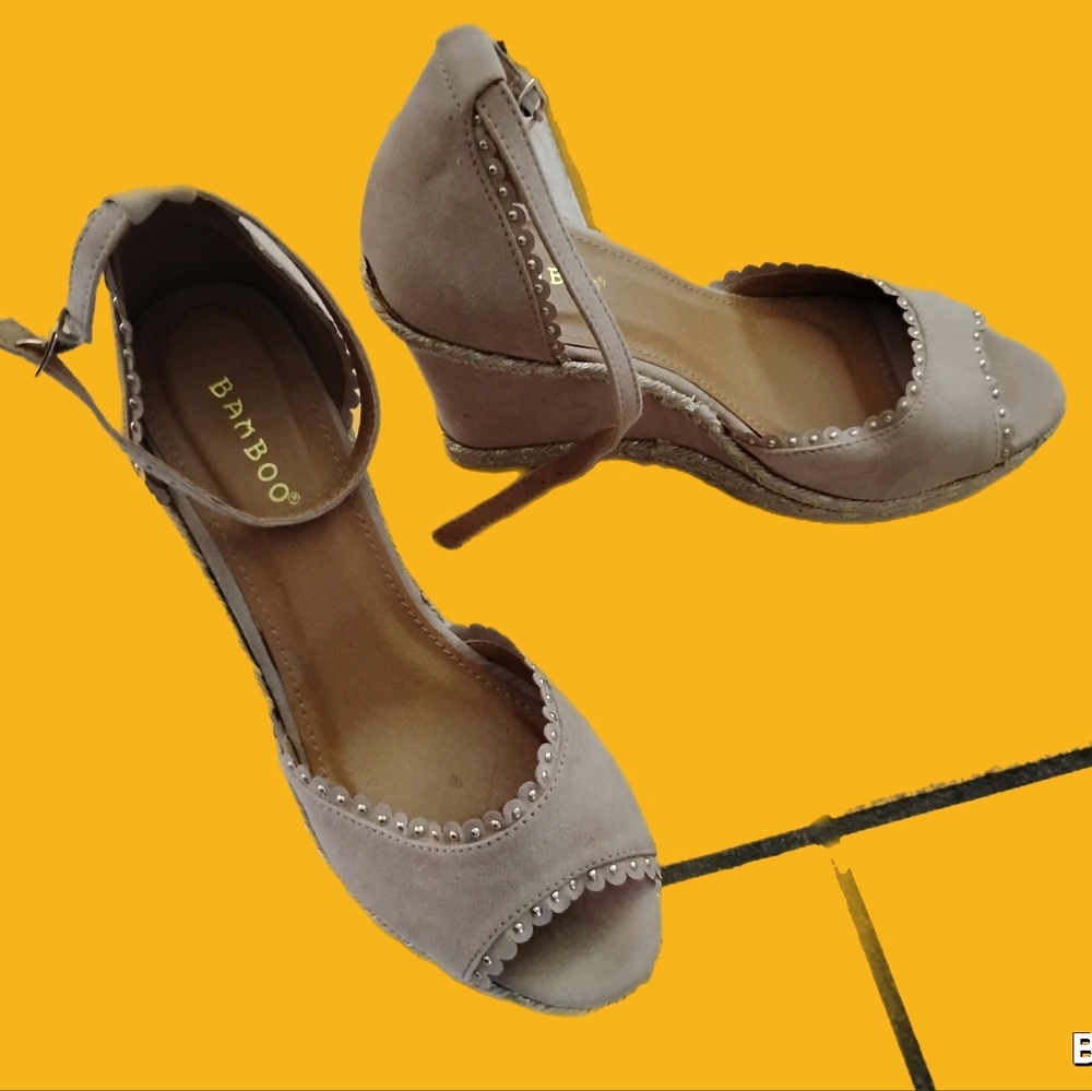 BAMBOO Beige Wedge Sandals with Ankle Strap